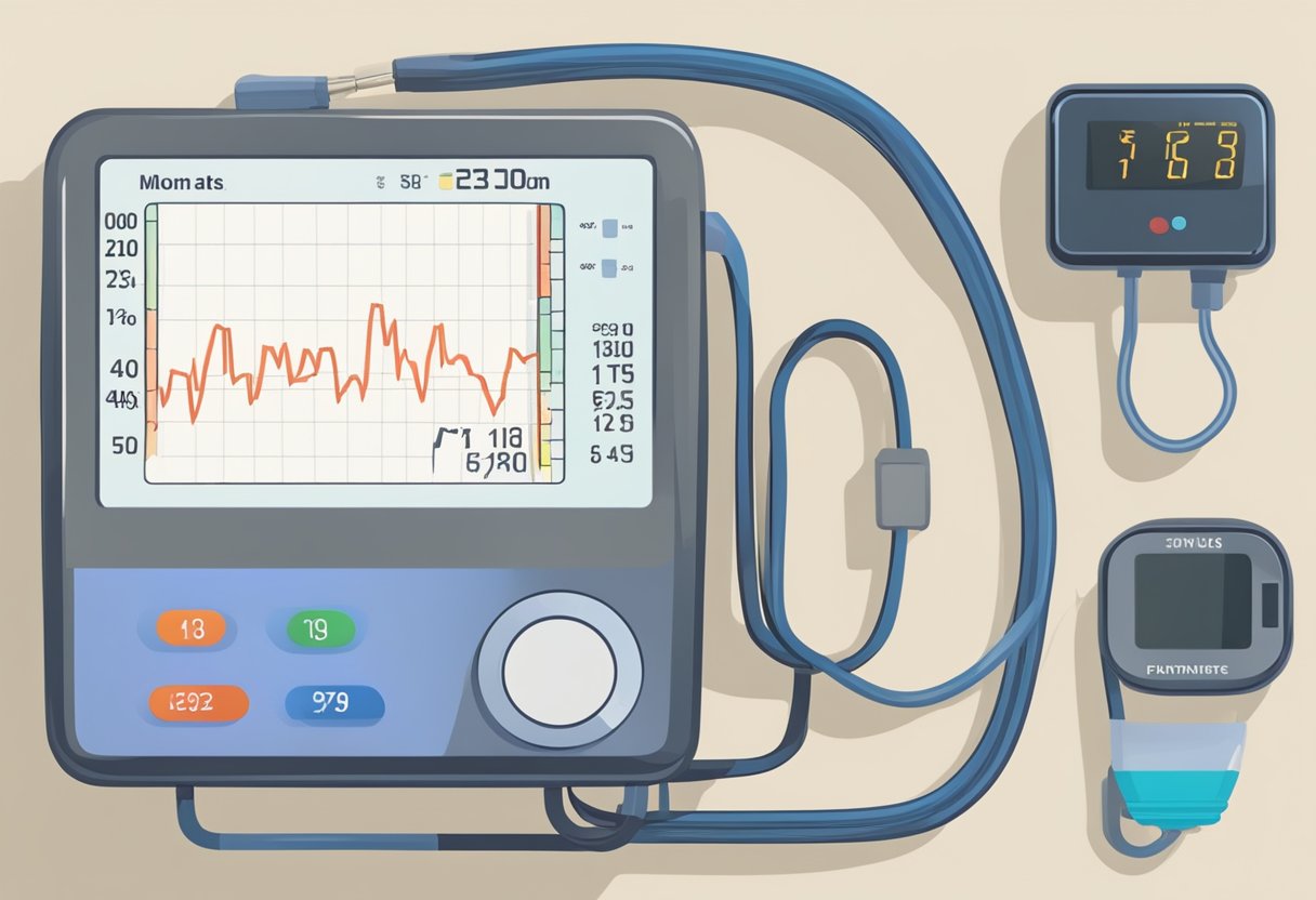 A heart rate monitor displays fluctuating numbers, while a blood pressure cuff inflates and deflates on a table