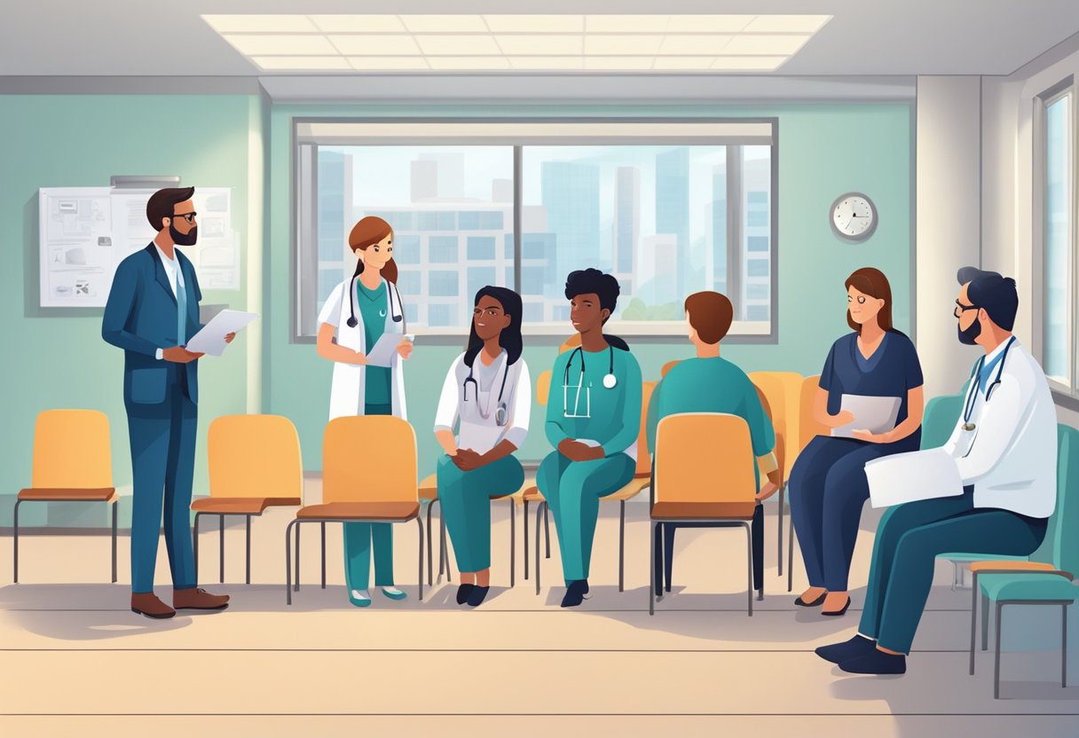 A doctor explaining heart virus treatment to a group of concerned patients in a hospital waiting room