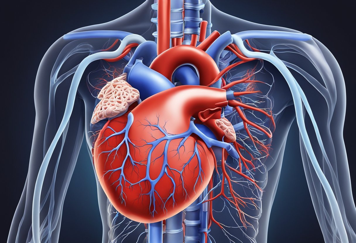 Bright red blood flows through the heart's chambers and vessels, propelled by rhythmic contractions. Oxygen-rich blood is pumped to the body, while deoxygenated blood is sent to the lungs