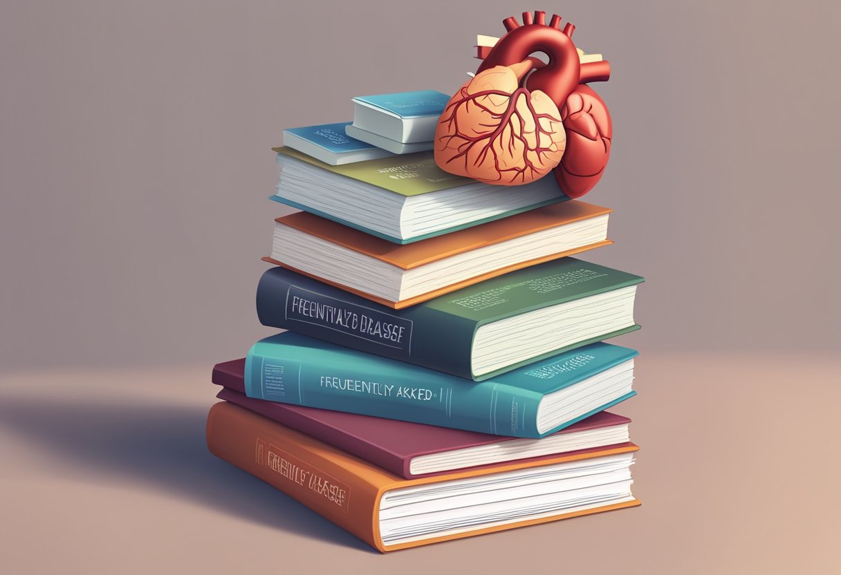 A stack of medical books with titles "Frequently Asked Questions" on ischaemic heart disease and hypertension