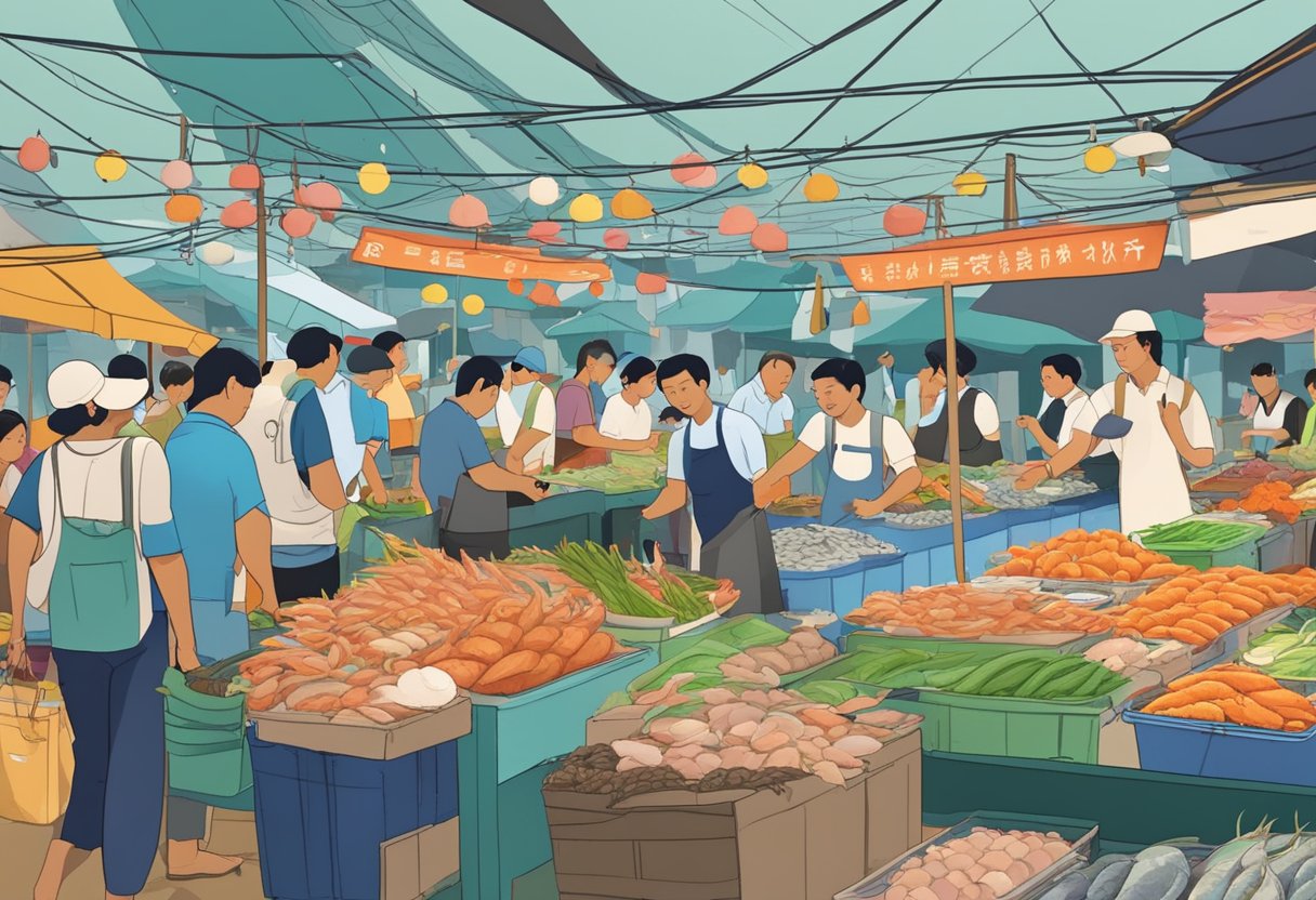 A bustling seafood market in Phnom Penh, Singapore, with vendors and customers interacting, surrounded by colorful displays of fresh seafood and signs with frequently asked questions
