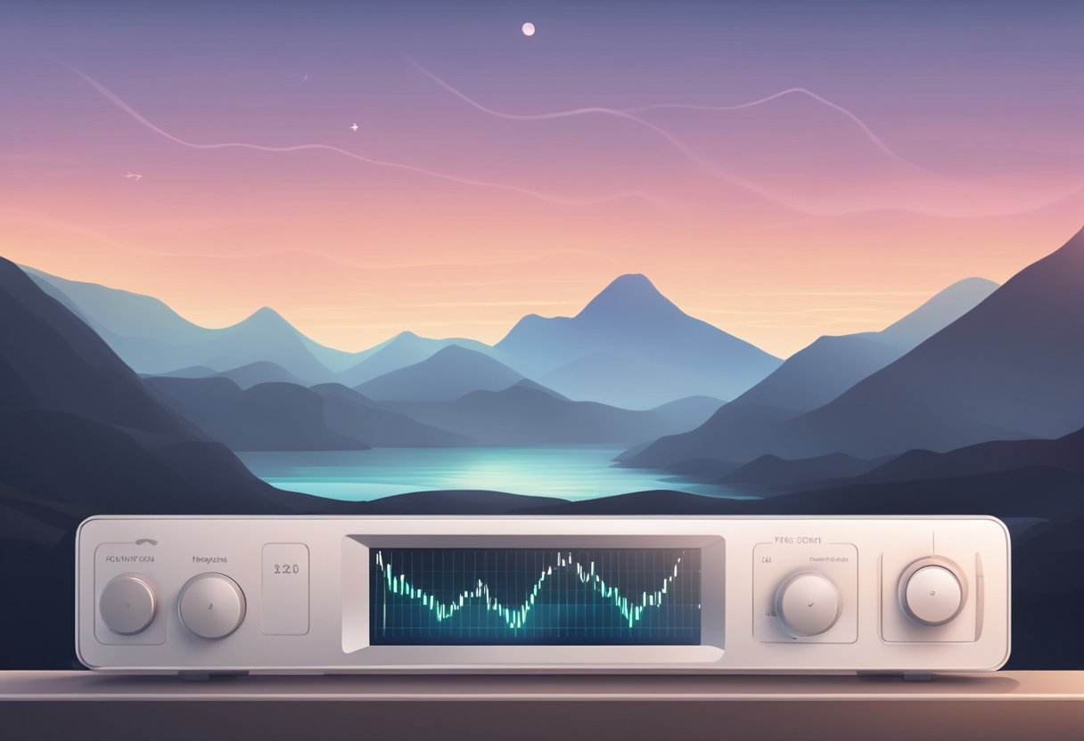 A heart rate monitor displays a steady, low number. A calm and serene setting, with a sense of tranquility and relaxation