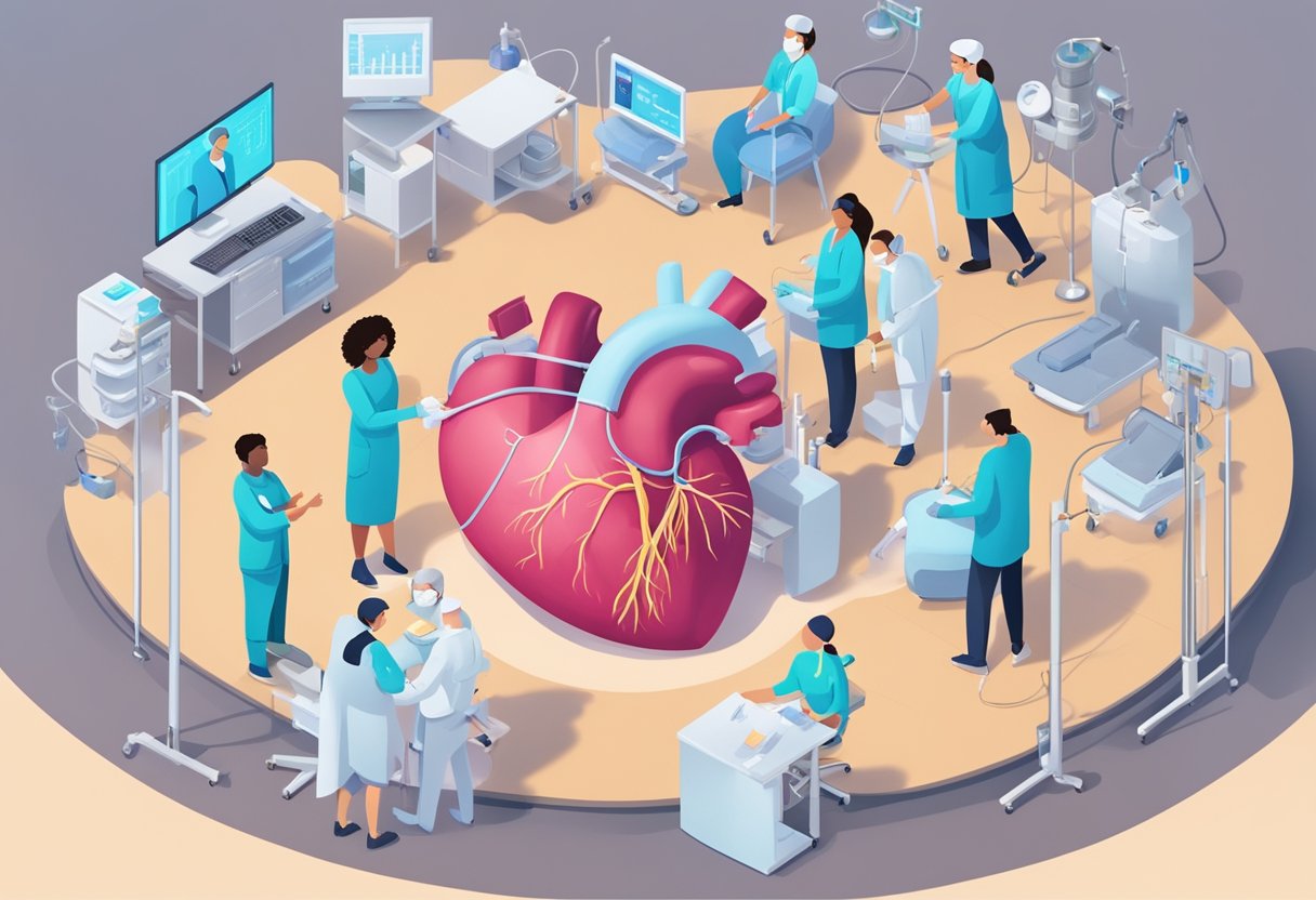 A heart receiving RFA treatment, surrounded by medical equipment and a team of professionals