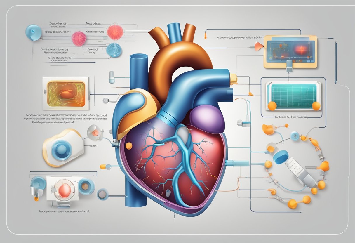 A heart-shaped organ is surrounded by a medical device emitting radiofrequency energy, with a diagram of the heart's internal structure displayed nearby