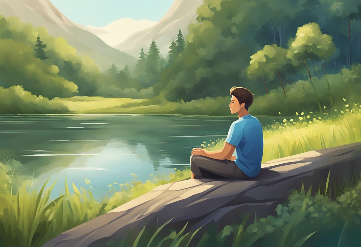 A calm person sitting in a peaceful environment, surrounded by nature, with a serene expression on their face