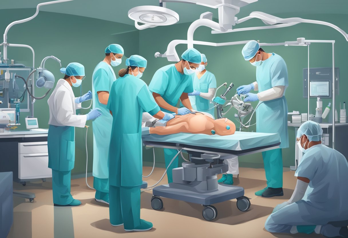 A surgeon carefully replaces a heart valve with a prosthetic, surrounded by medical equipment and a team of focused professionals