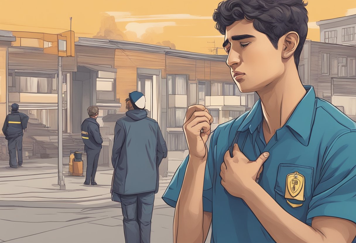 A young person clutching their chest in pain, with a concerned onlooker dialing emergency services
