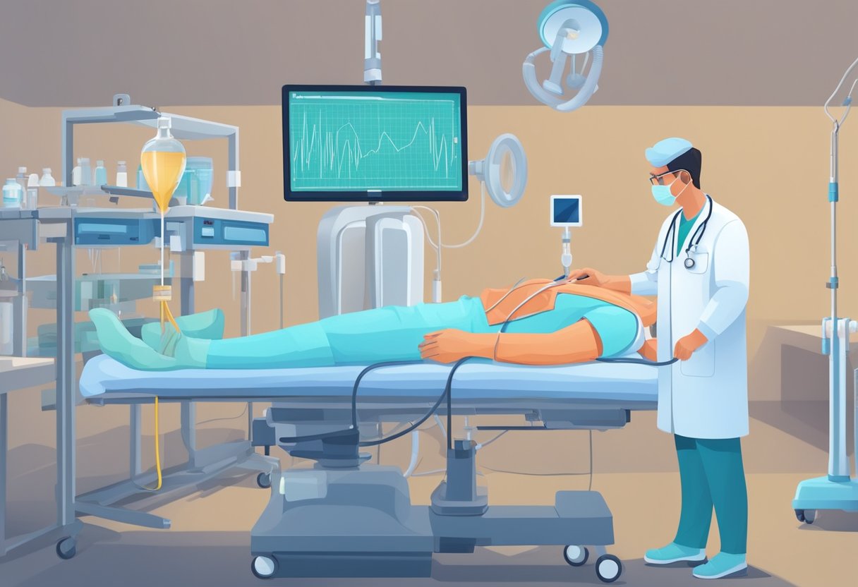 A doctor carefully positions a catheter near the heart, preparing for RFA treatment. Medical equipment and monitors surround the patient