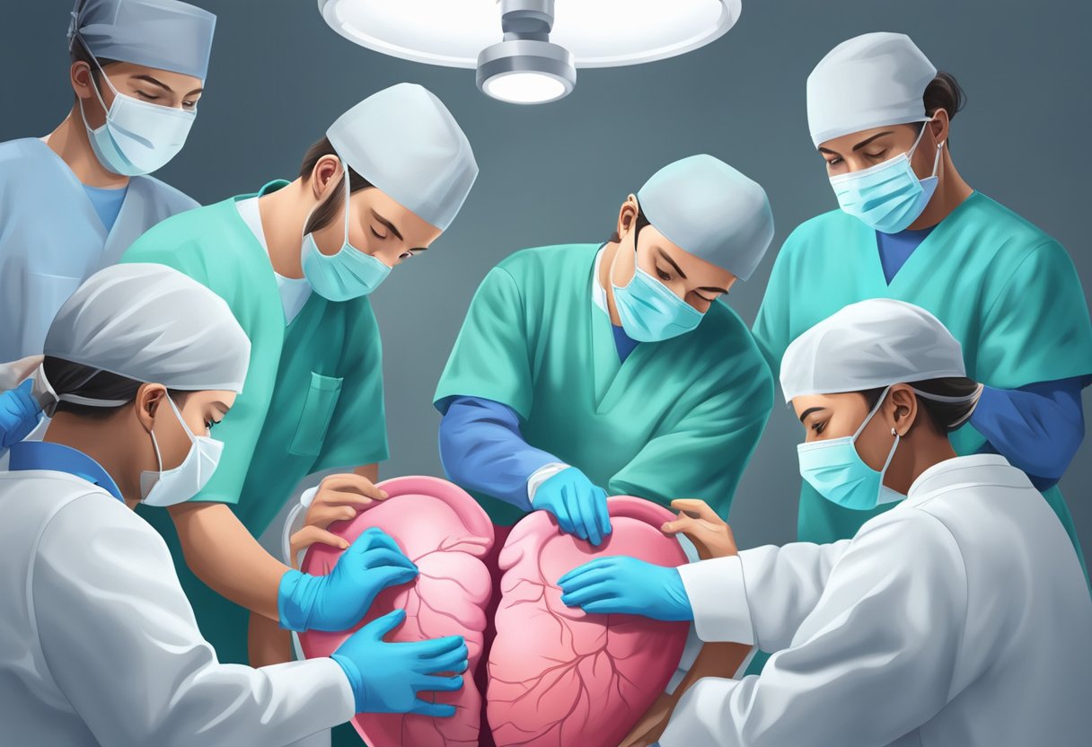 A surgeon carefully places a healthy heart into a recipient's chest cavity, surrounded by medical equipment and a team of focused professionals