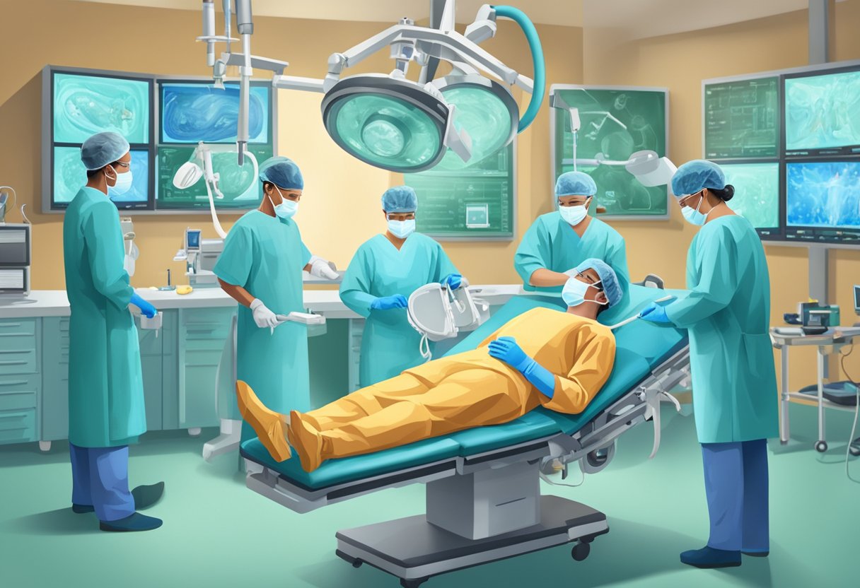 Surgeons perform heart valve replacement in an operating room, surrounded by medical equipment and monitors. A patient lies on the operating table while the surgical team works diligently