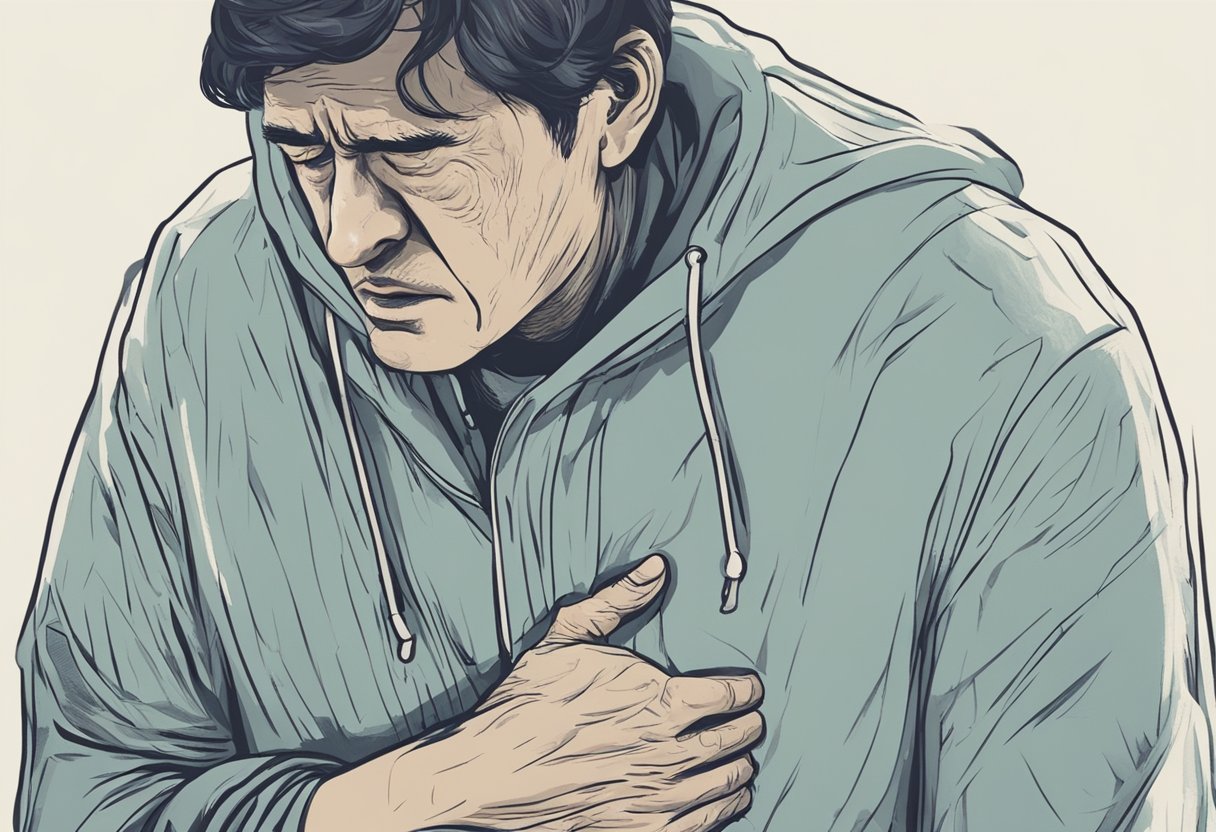 A person clutching their chest in pain, with a distressed expression on their face, and sweating profusely