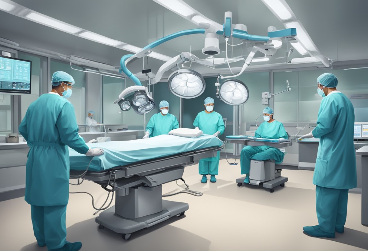 A team of surgeons perform heart bypass surgery in a modern operating room in Singapore. Medical equipment and monitors surround the patient on the operating table