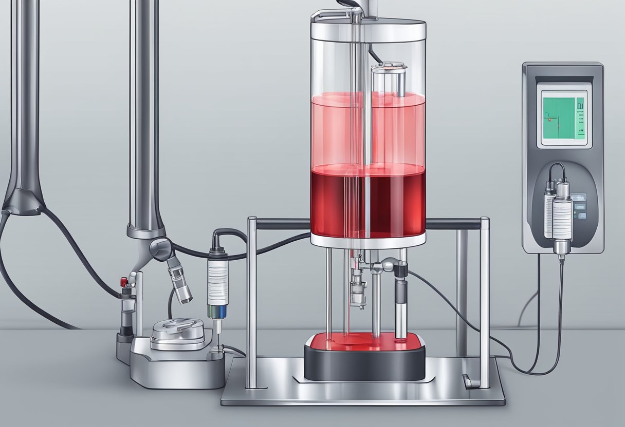 A clear tube filled with red liquid connected to a pump, simulating heart perfusion test