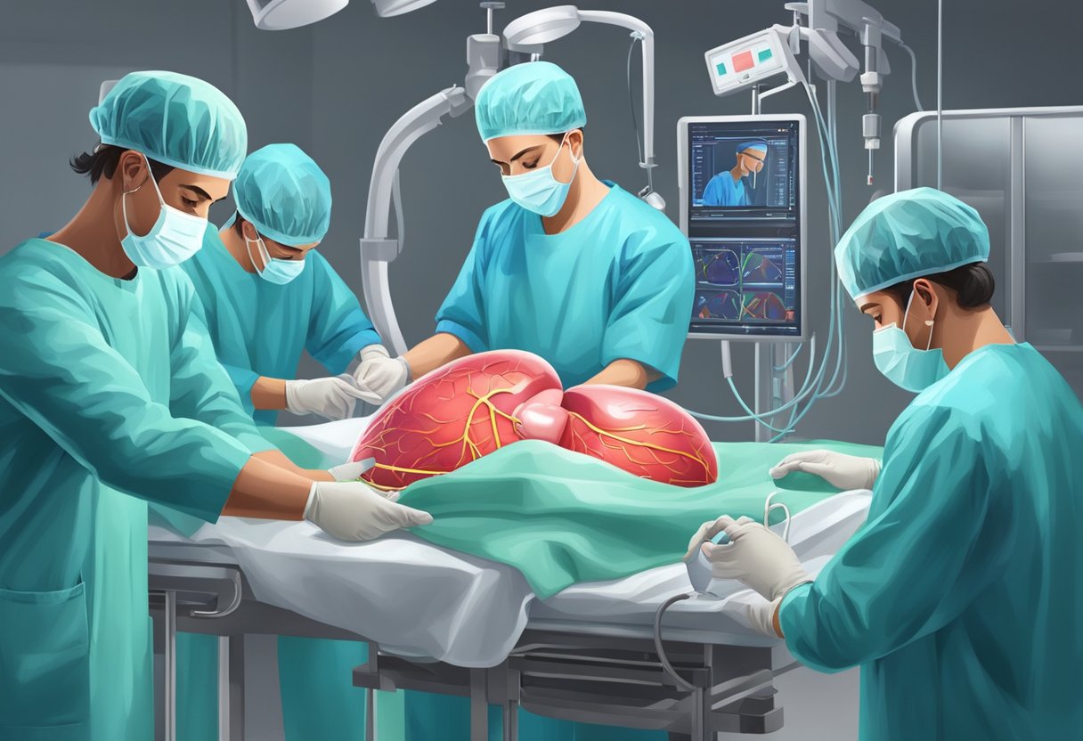 Surgeons prepare heart for transplant, sterilizing tools and checking vitals. Donor heart is carefully transported to operating room