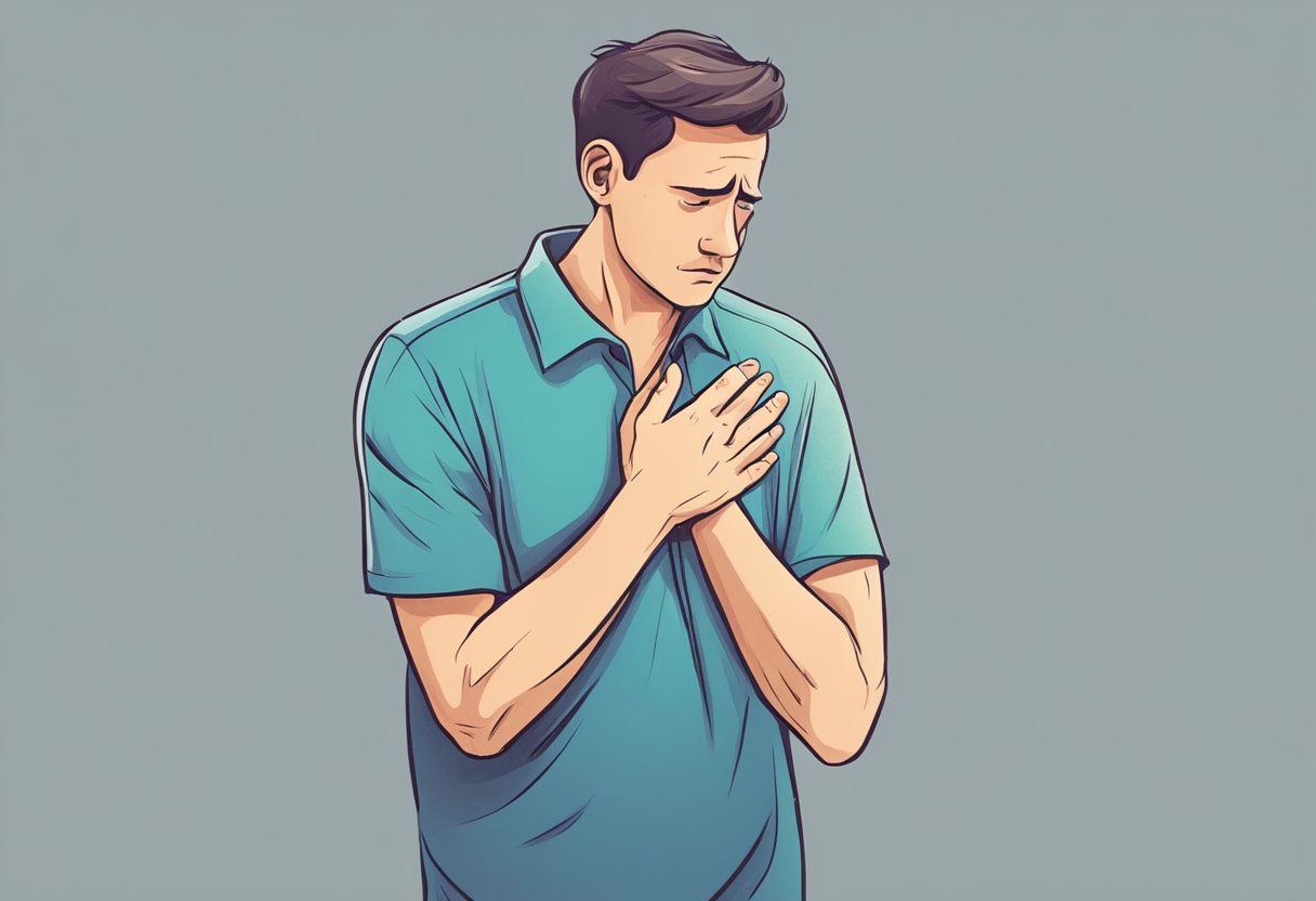 A person clutching their chest in pain, with a worried expression on their face, and sweating profusely