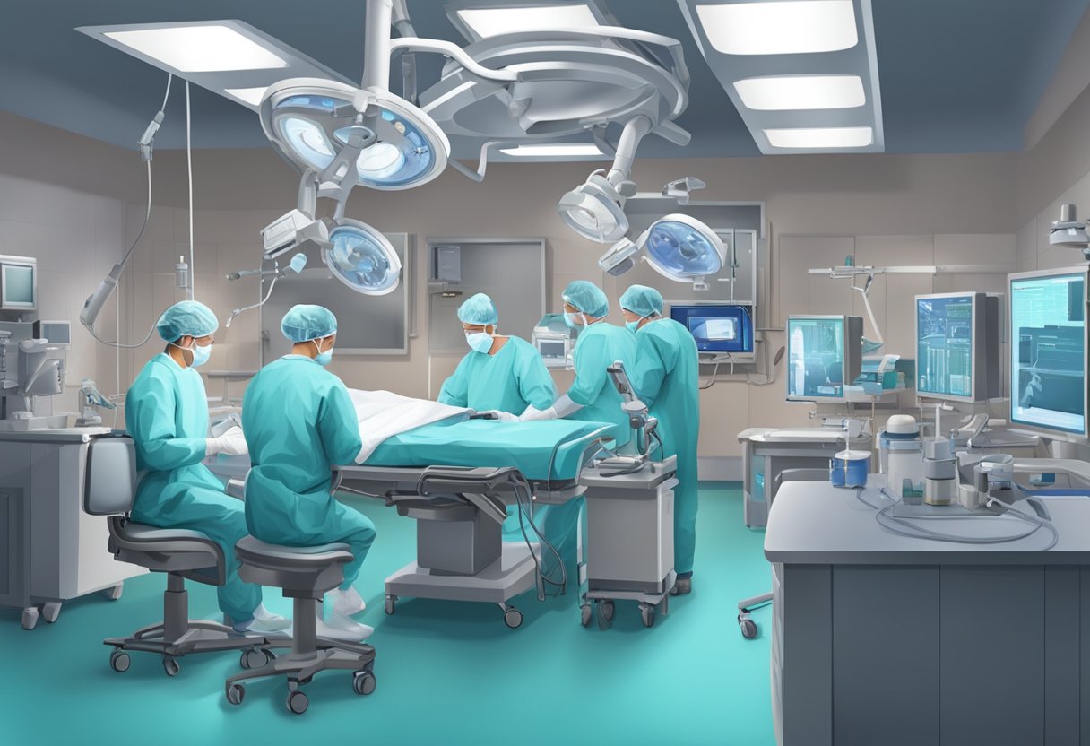 Surgeons performing heart bypass surgery in a sterile operating room with medical equipment and monitors