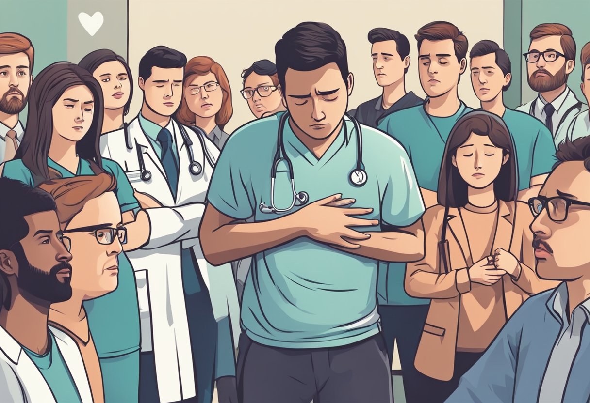 A young adult clutching their chest in pain, surrounded by concerned onlookers. A medical professional nearby, explaining heart attack symptoms