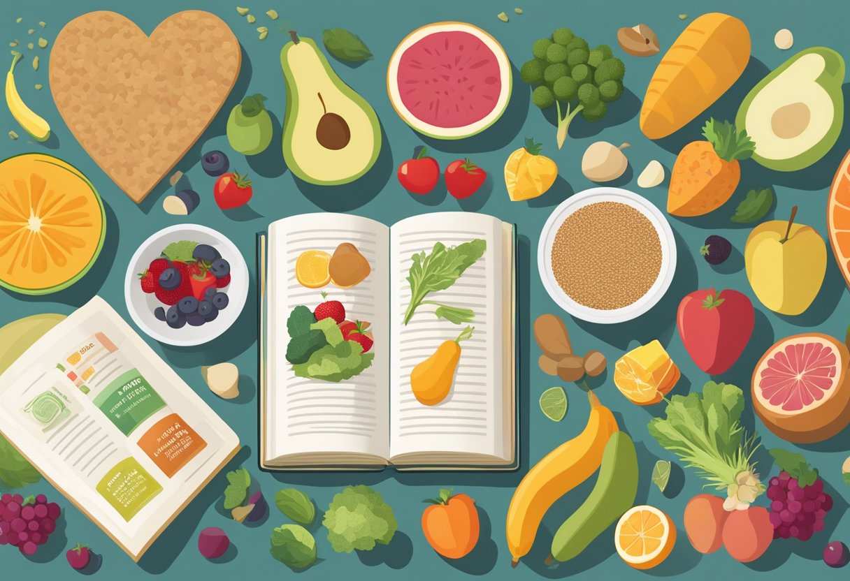 A table filled with colorful fruits, vegetables, whole grains, and lean proteins, surrounded by heart-healthy cookbooks and informational pamphlets