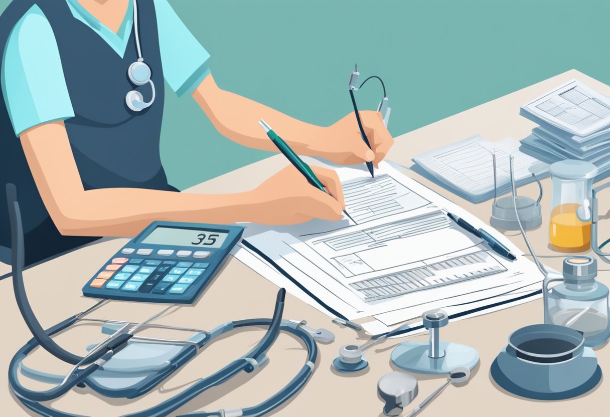 A surgeon in Singapore calculates the cost of heart bypass surgery. Financial documents and medical equipment are spread out on a desk
