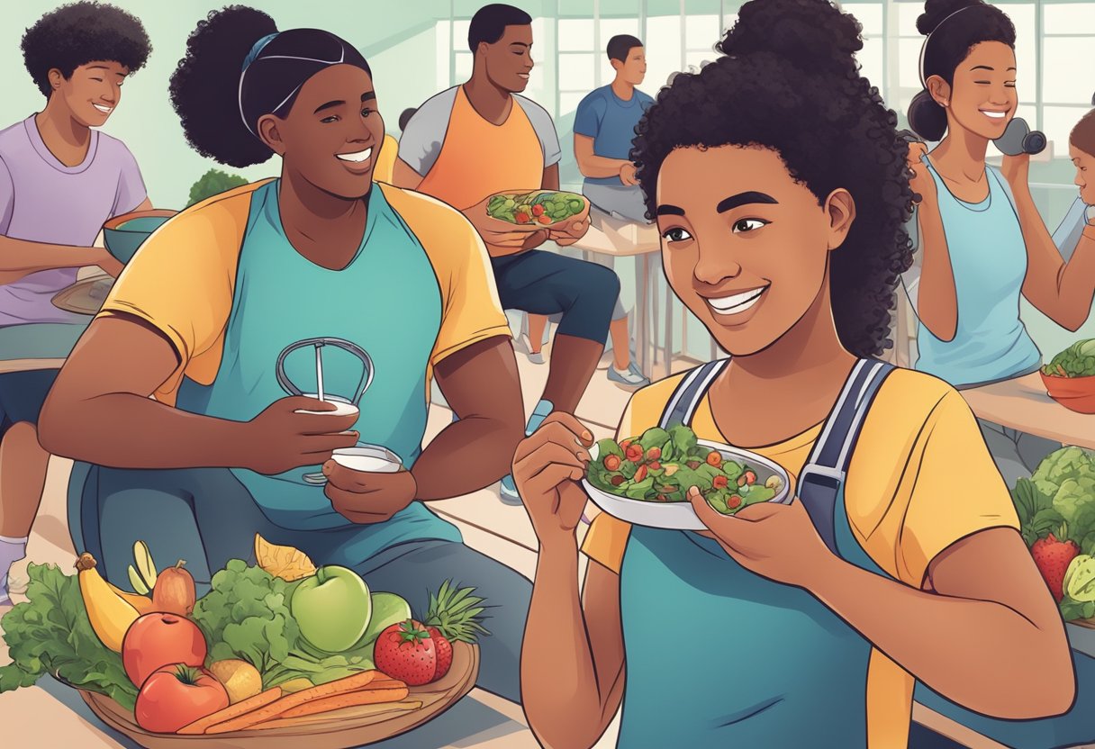 A group of young people engaging in physical activity and eating healthy foods, with a focus on heart health education and awareness