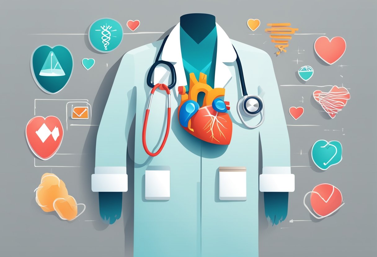 A heart with irregular rhythm, surrounded by warning signs like chest pain and shortness of breath, with a doctor's stethoscope nearby