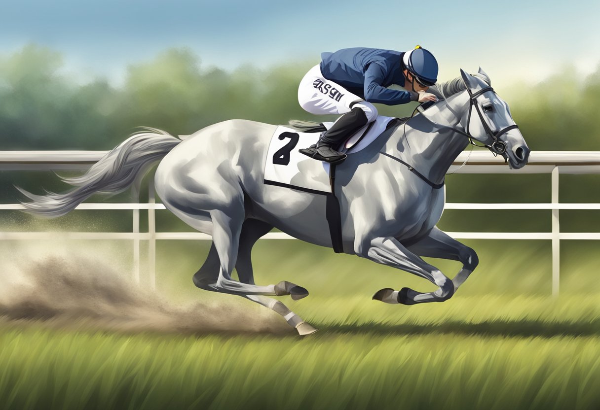 A racing horse galloping across a field, its hooves pounding the ground, with a stopwatch ticking in the background
