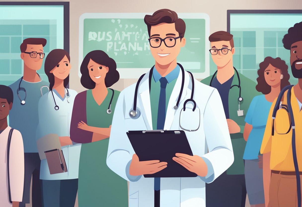 A doctor holding a clipboard stands in front of a sign that reads "Frequently Asked Questions heart transplant" with a group of people in the background