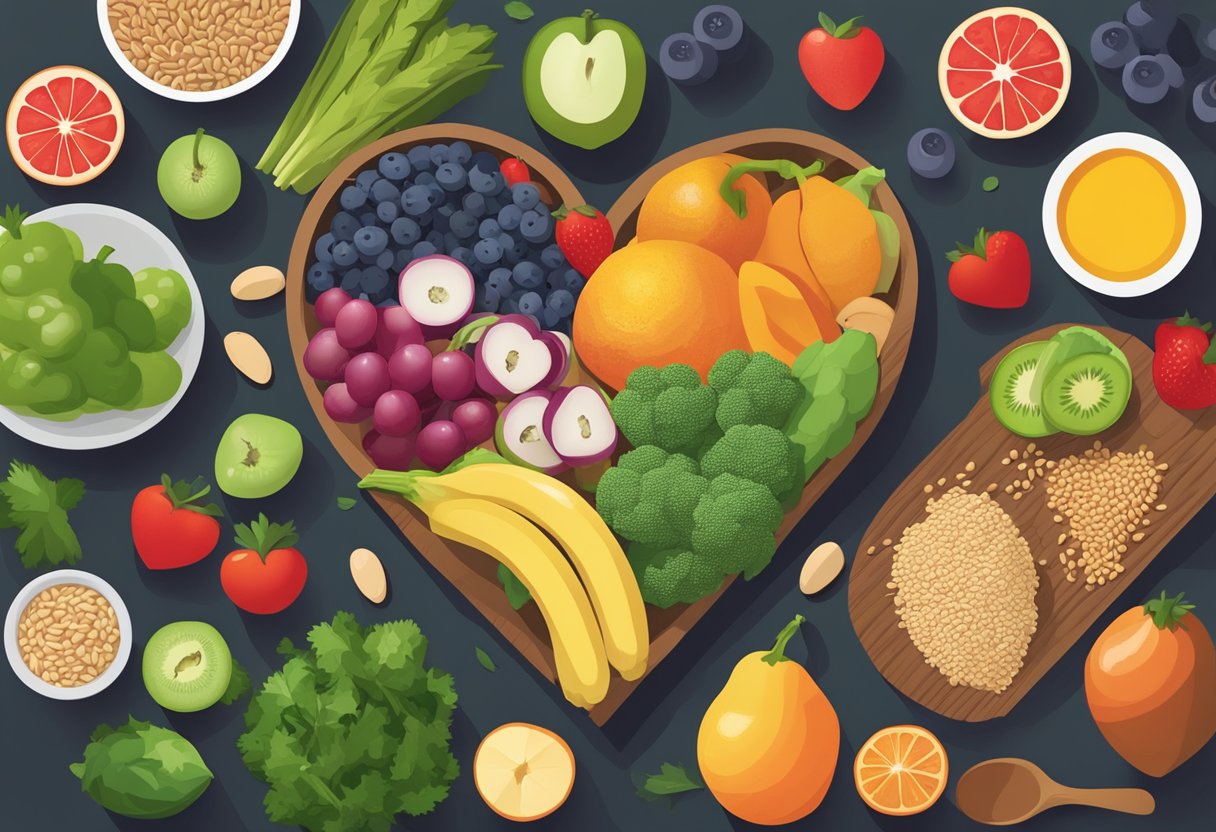 A colorful array of fruits, vegetables, whole grains, and lean proteins arranged on a table, with a heart-shaped chart showing the fundamentals of a heart-healthy diet
