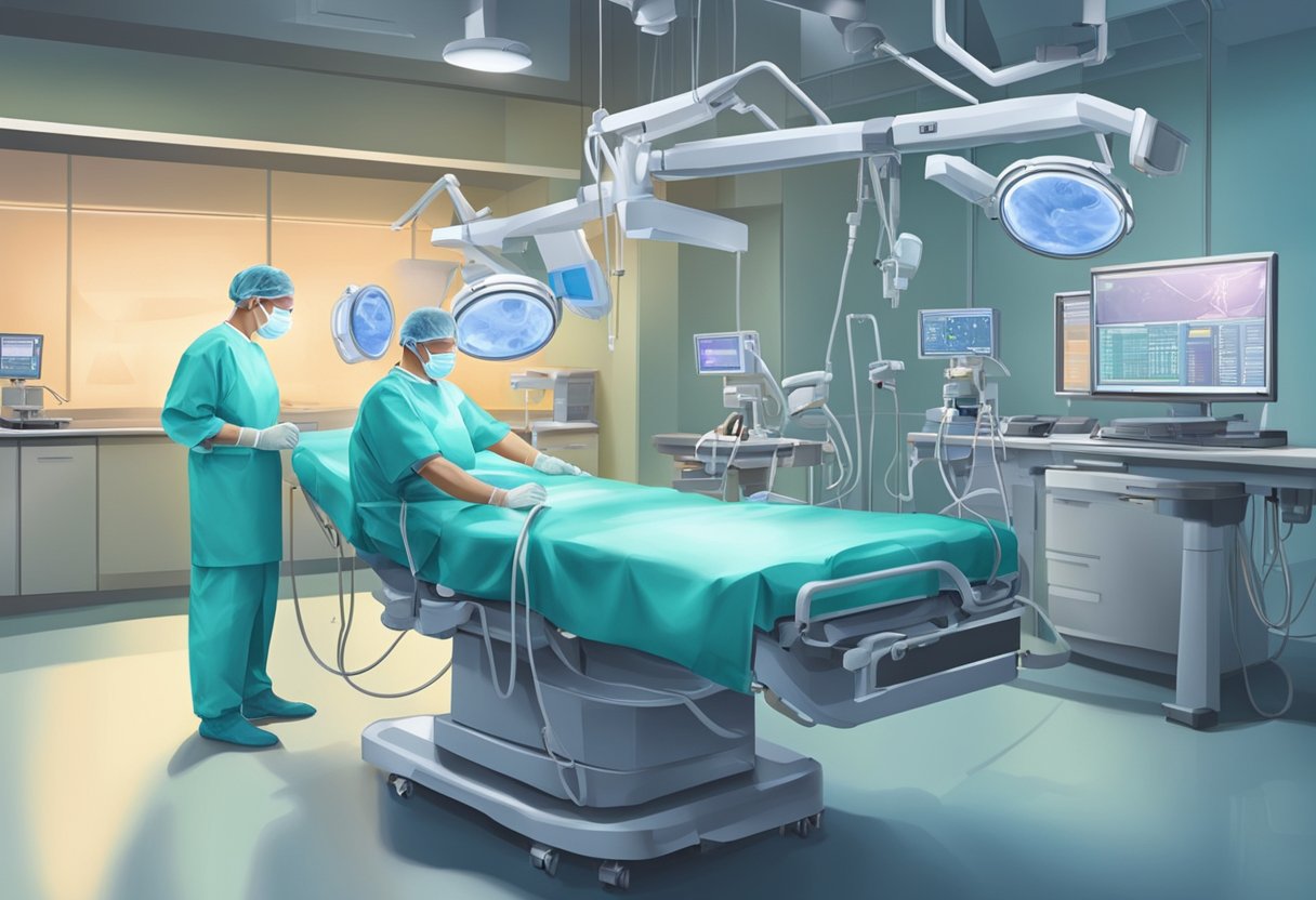 A surgeon performs heart bypass surgery in a modern operating room in Singapore. Medical equipment and monitors surround the patient on the operating table