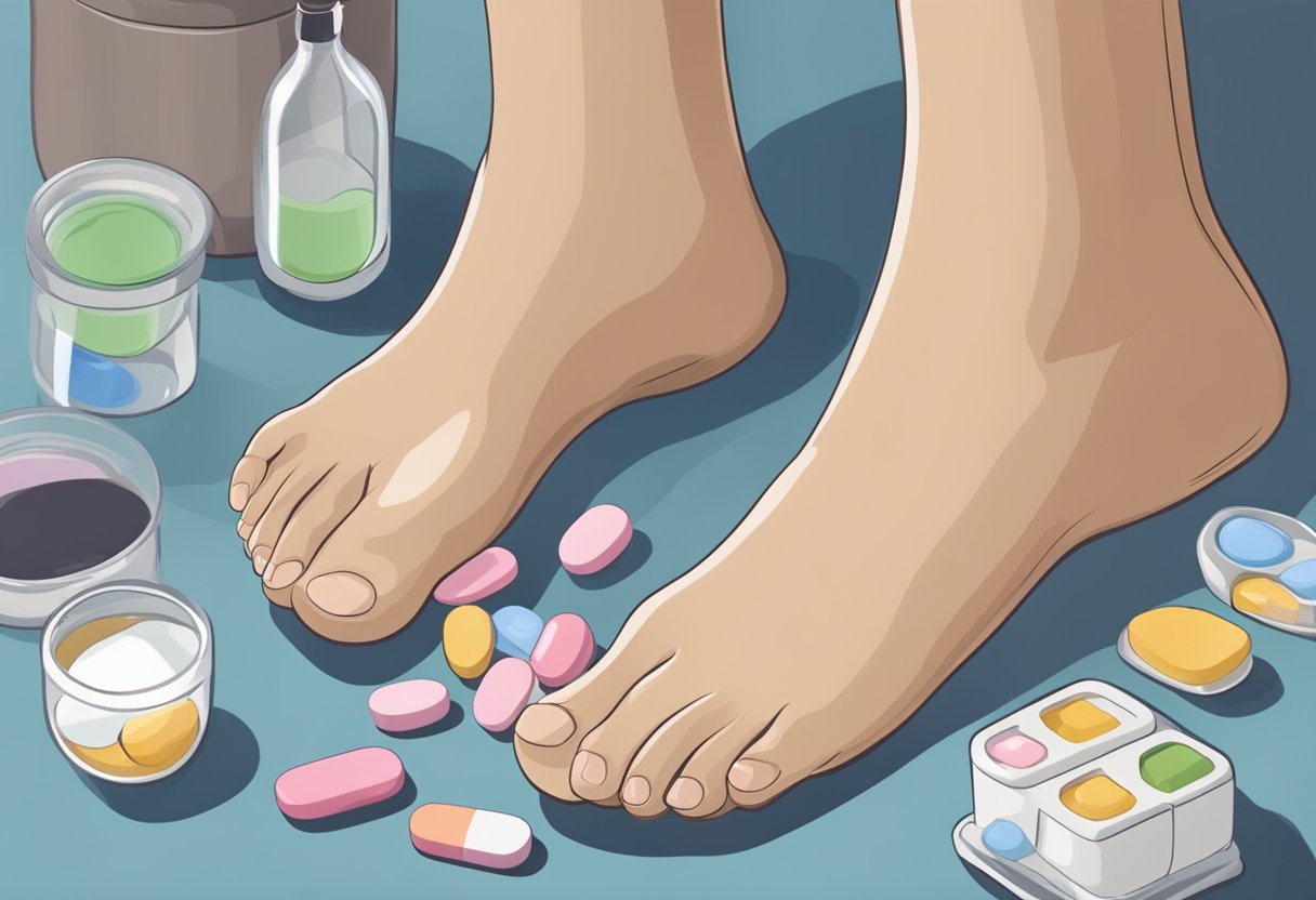 A person sitting with swollen feet, taking medication for heart failure symptoms