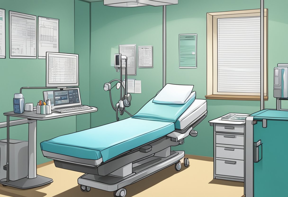 A hospital room with medical equipment, a patient's chart, and a doctor reviewing test results