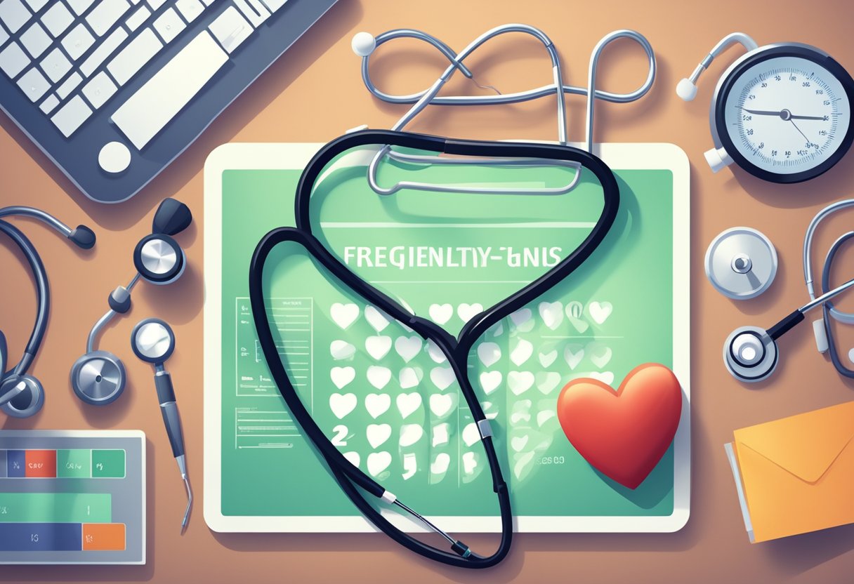 A heart-shaped sign with "Frequently Asked Questions" about heart problems, surrounded by medical equipment and a stethoscope