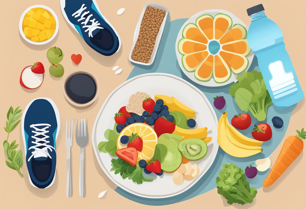A colorful plate of fruits, vegetables, whole grains, and lean proteins, surrounded by a water bottle and a pair of running shoes, symbolizing a heart-healthy diet and active lifestyle