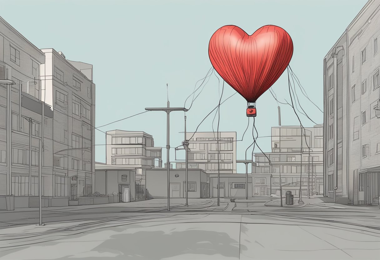 A heart-shaped balloon deflates as a ventricular pump fails