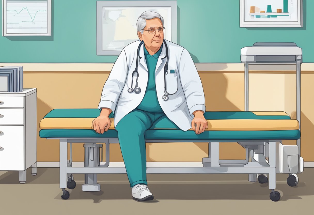 A heart failure patient with swollen feet seeks answers in a medical office