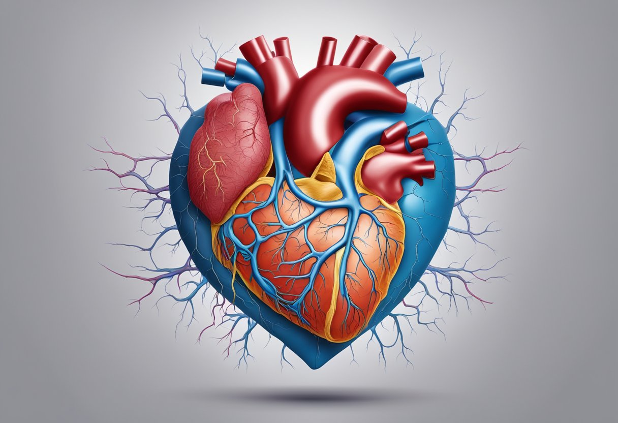 A heart with a weakened left ventricle, surrounded by strained blood vessels and fluid buildup