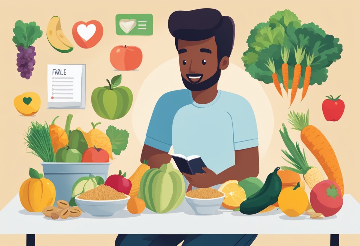 A table with heart-healthy foods like fruits, vegetables, nuts, and whole grains. A person reading a list of FAQs about heart attack prevention