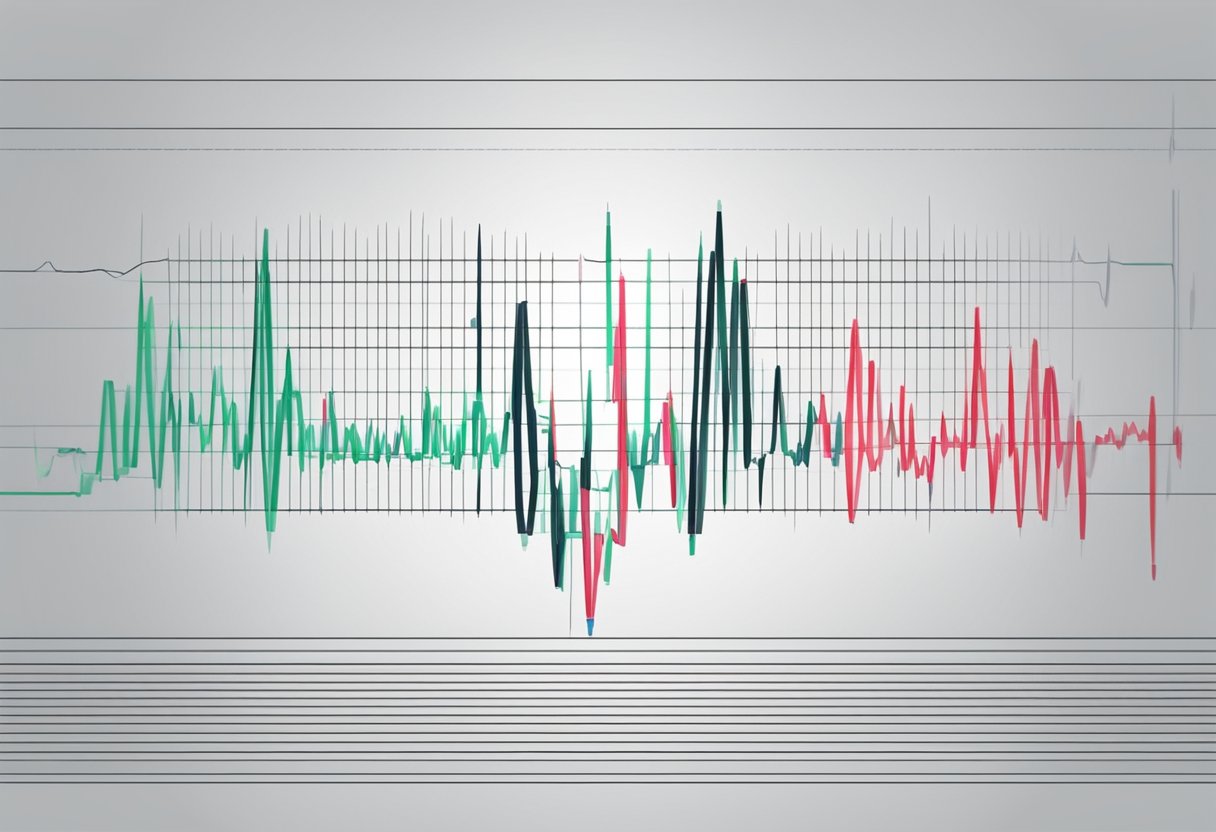A heart monitor displays a steady rhythm of pulsing lines, indicating a normal heartbeat rate
