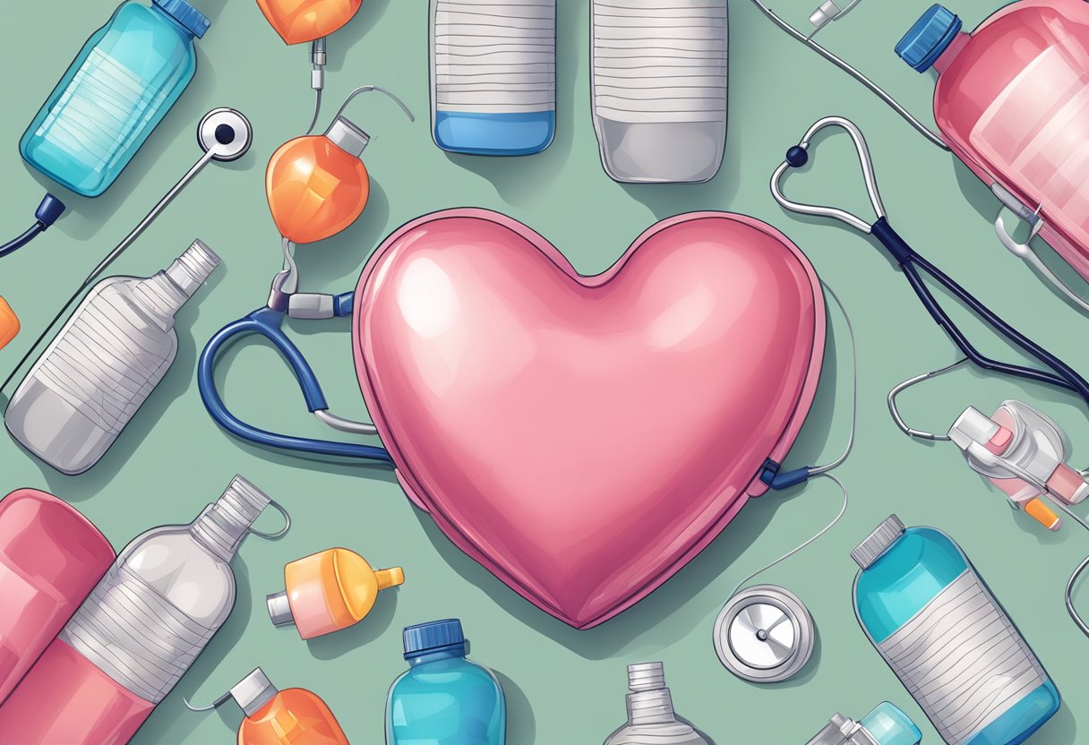 A heart-shaped balloon deflating, surrounded by medication bottles and a stethoscope