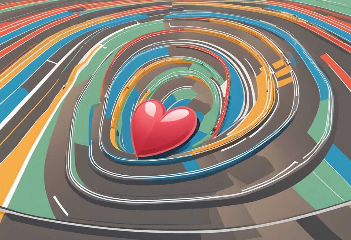 A heart racing on a track, surrounded by question marks