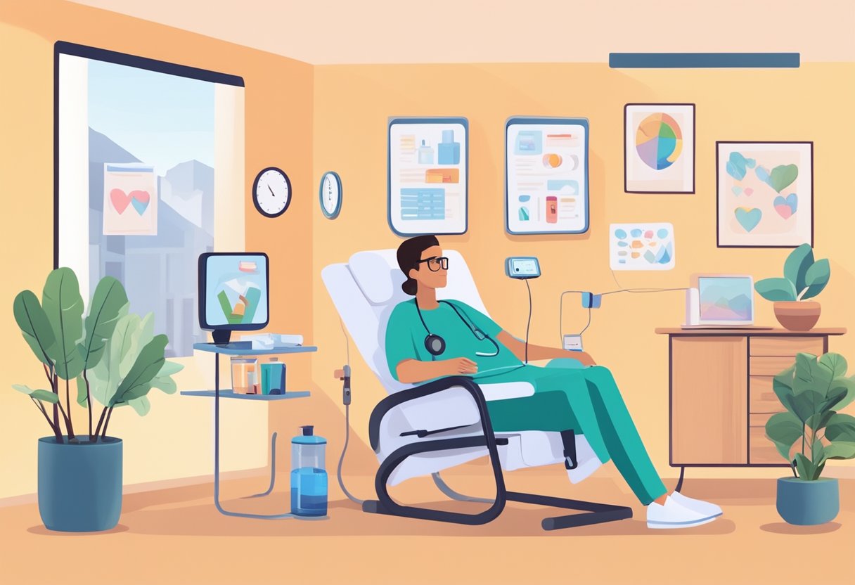 A patient resting in a comfortable recliner, surrounded by medication, a heart rate monitor, and a caregiver checking on their well-being