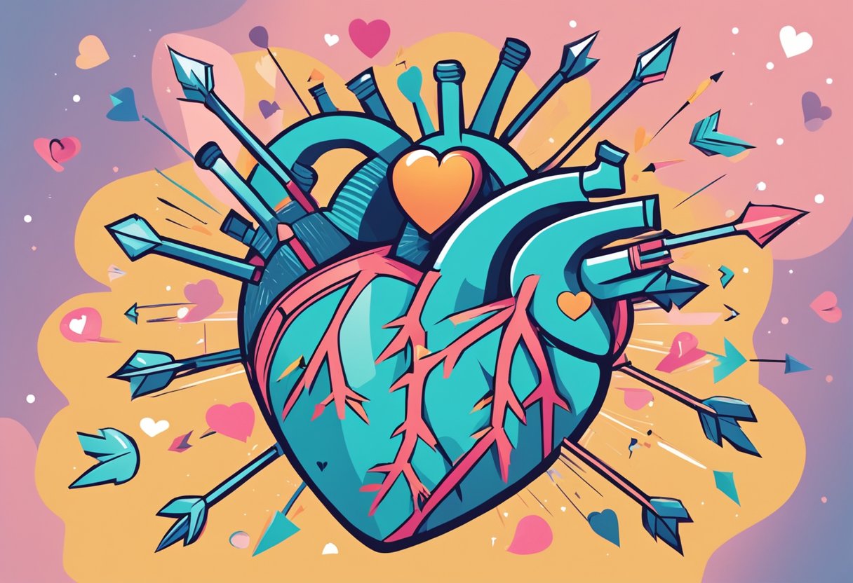 A heart with an arrow through it, surrounded by question marks