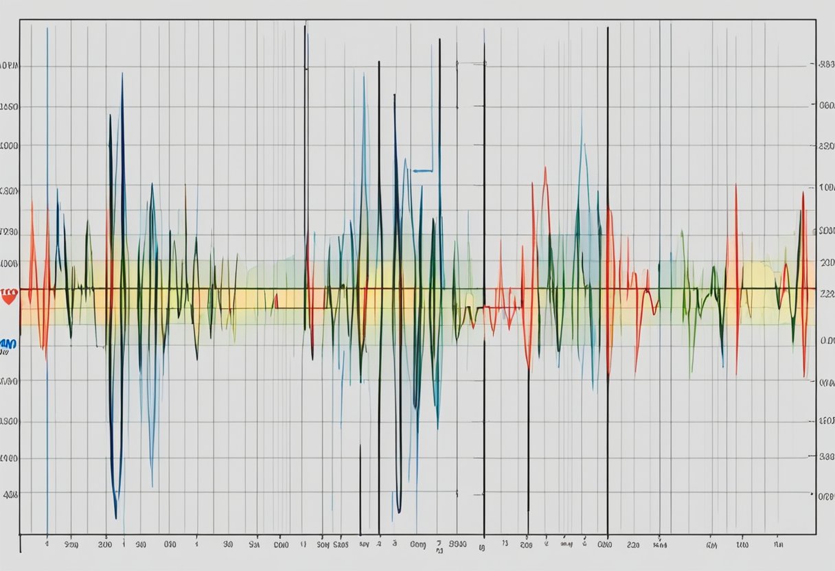 A heart monitor displays a fluctuating graph of heartbeats, with peaks and valleys indicating the ebb and flow of a human's heart rate