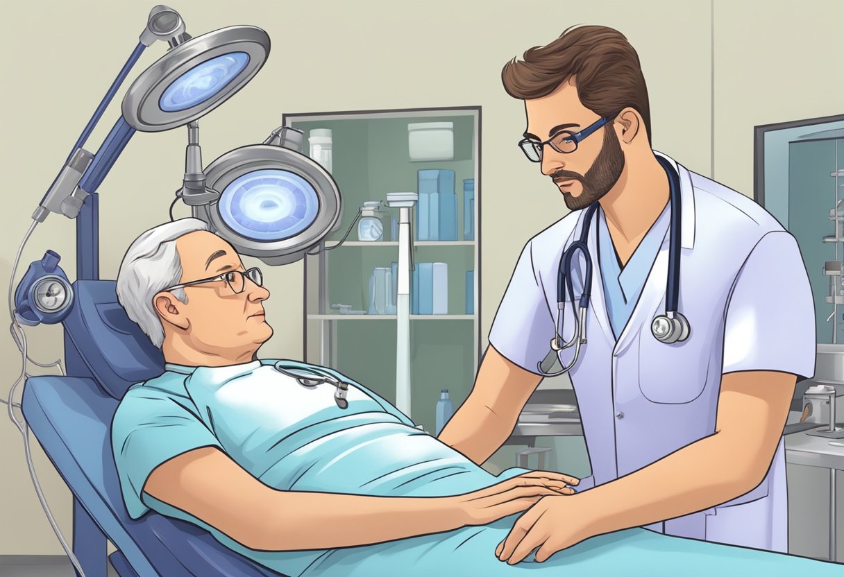 A doctor examines a heart valve, then administers treatment for Marfan syndrome. Later, a nurse manages the patient's care