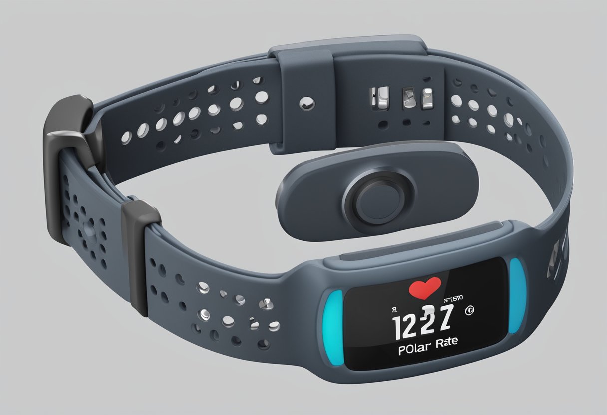 A polar heart rate monitor strapped to a wrist, displaying a steady pulse reading