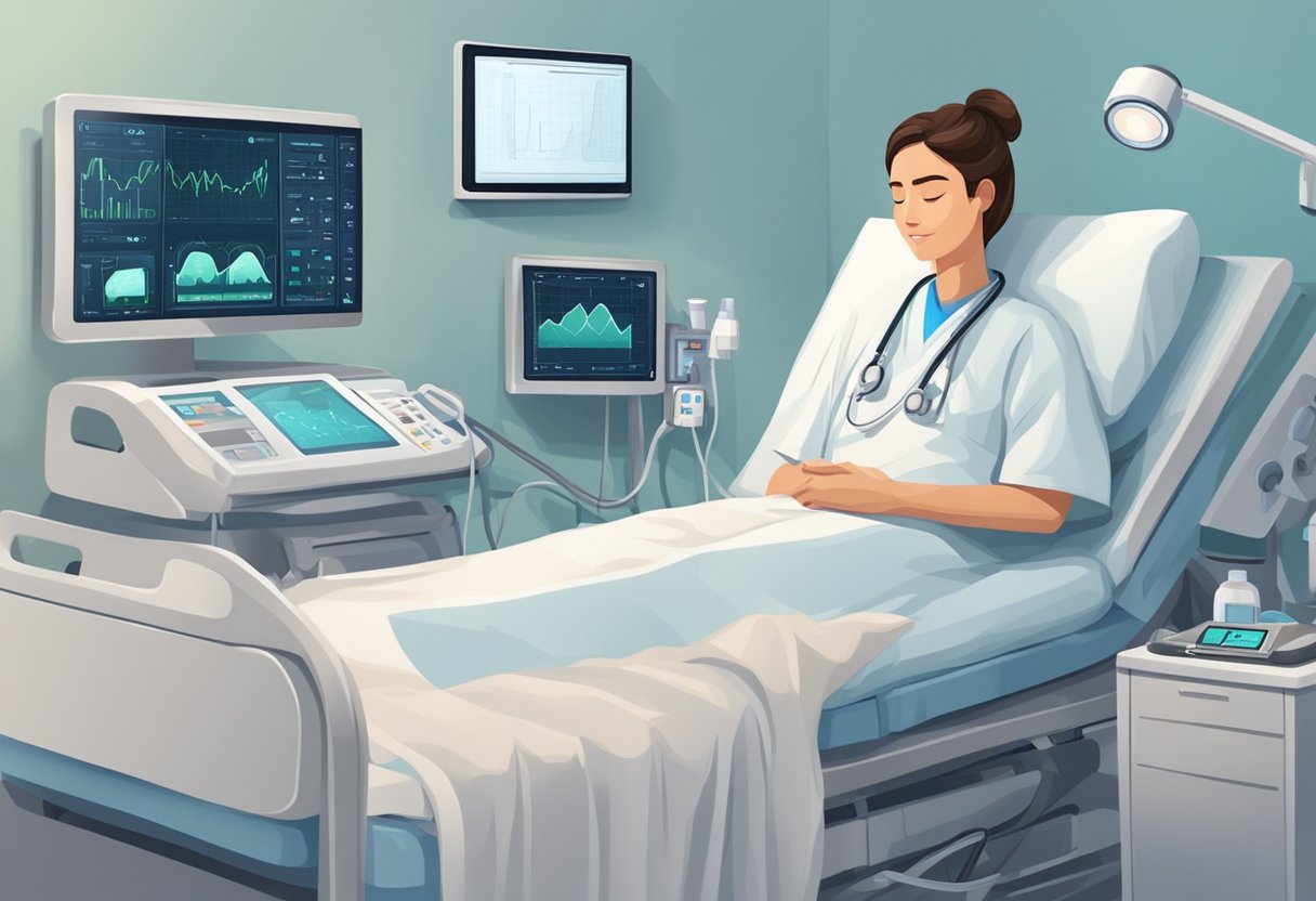A person resting in a comfortable bed surrounded by medical equipment and monitors. A caregiver is nearby, checking vital signs and ensuring the patient's comfort