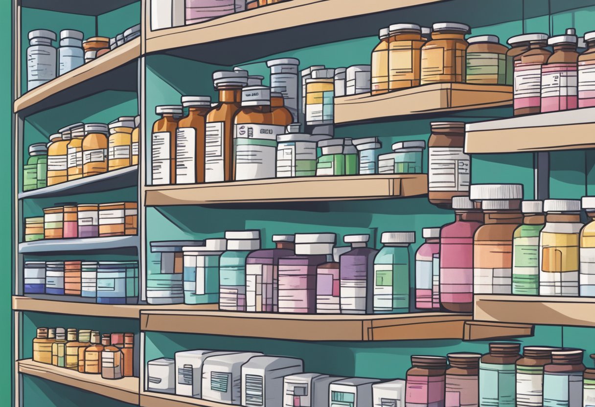 A bottle of heart failure drugs sits on a pharmacy shelf, surrounded by other medications