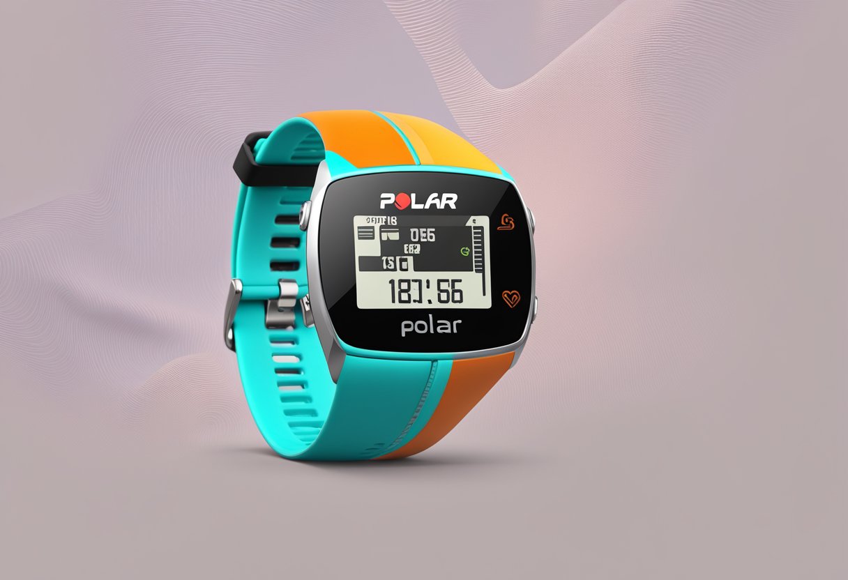 A Polar heart rate monitor displayed on a wrist, showing a clear digital screen with a visible heart rate reading and the iconic Polar logo