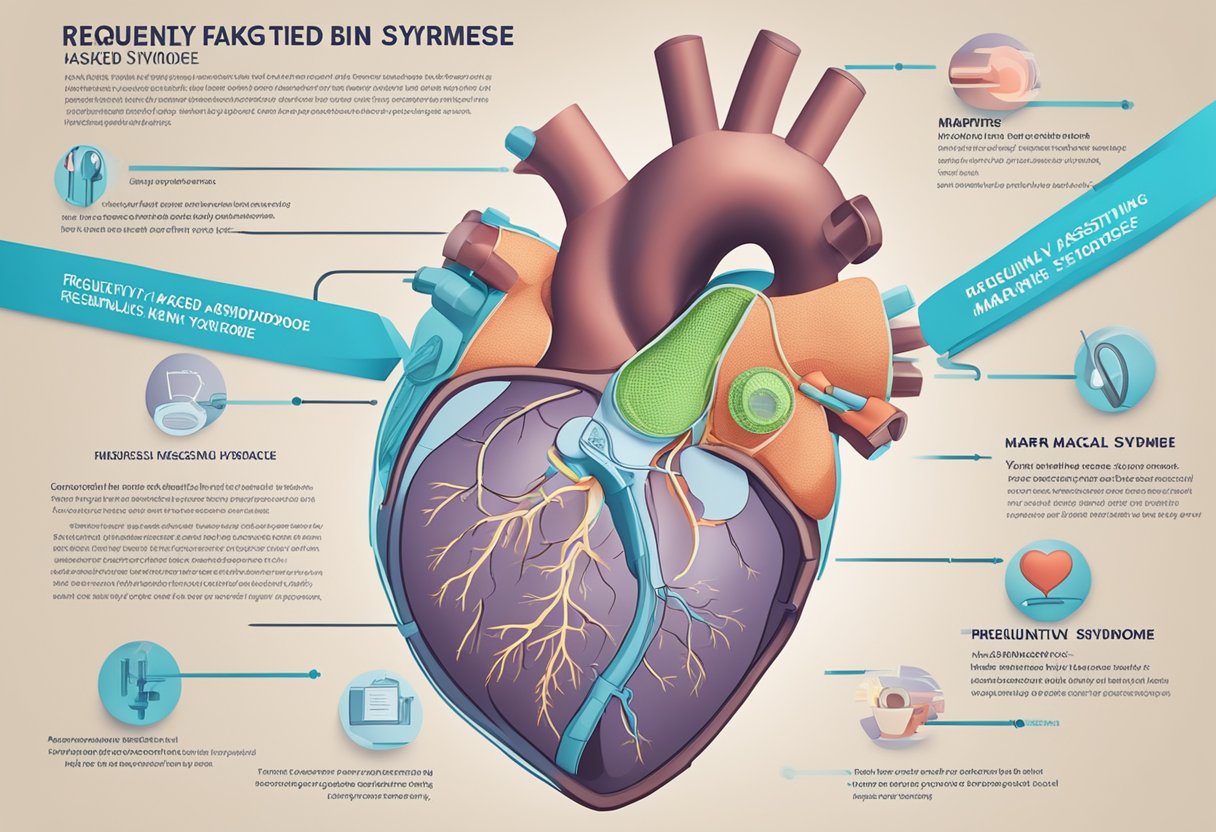 A heart valve surrounded by text reading "Frequently Asked Questions: Marfan Syndrome" in a medical setting