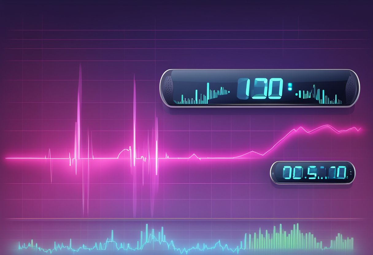 A heart rate monitor displays a steady rhythm between 60-100 beats per minute, indicating a healthy heart rate range